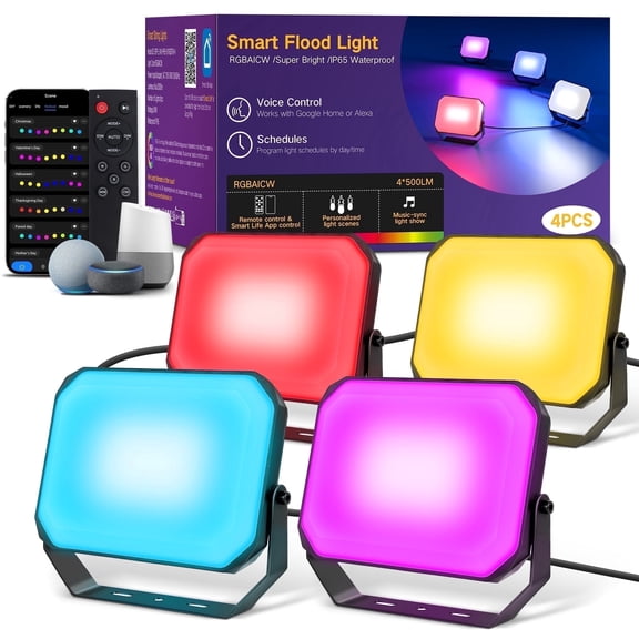 OUTON Smart Flood Lights RGBAICW 2000 Lumens 2200-6500K White Light,Wi-Fi App & Voice Control,Outdoor/Indoor Weather-Resistant Smart Lighting Kit 4Pack