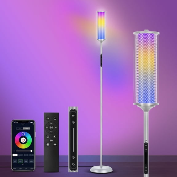 OUTON RGBIC Floor Lamp with Remote and App Control, Modern Lamp with 36+ Scenes, Music Sync, LED Corner Floor Lamp, Standing Lamp Tall Lamps for Living Room, Bedroom, Glass Grey