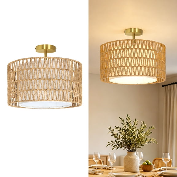 OUTON Rattan Ceiling Light Fixture, 3 Light Bohemian Modern Woven Ceiling Light, Boho Flush Mount Ceiling Light for Bedroom Living Room Dining Room