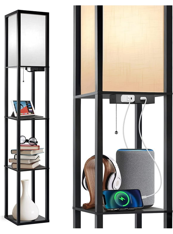 OUTON Shelf Floor Lamp with USB Ports, Power Outlet, 3 Color Temperatures, Wood Tall Standing Lamp with Linen Shade for Living Room, Bedroom, Black