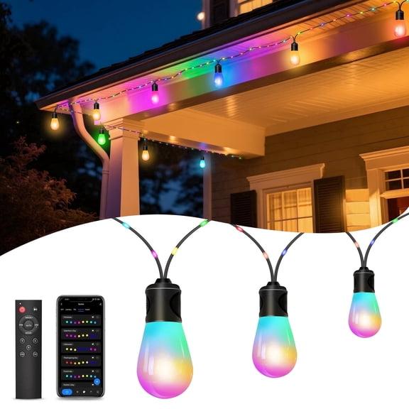 Outon AI Smart Outdoor String Lights , 46ft RGB+IC Warm White 12 LED Bulbs, Alexa Google Enabled, Light Beats Music Sync, Remote & APP Control, 2.4 GHz WiFi, for Patio Easter Decor