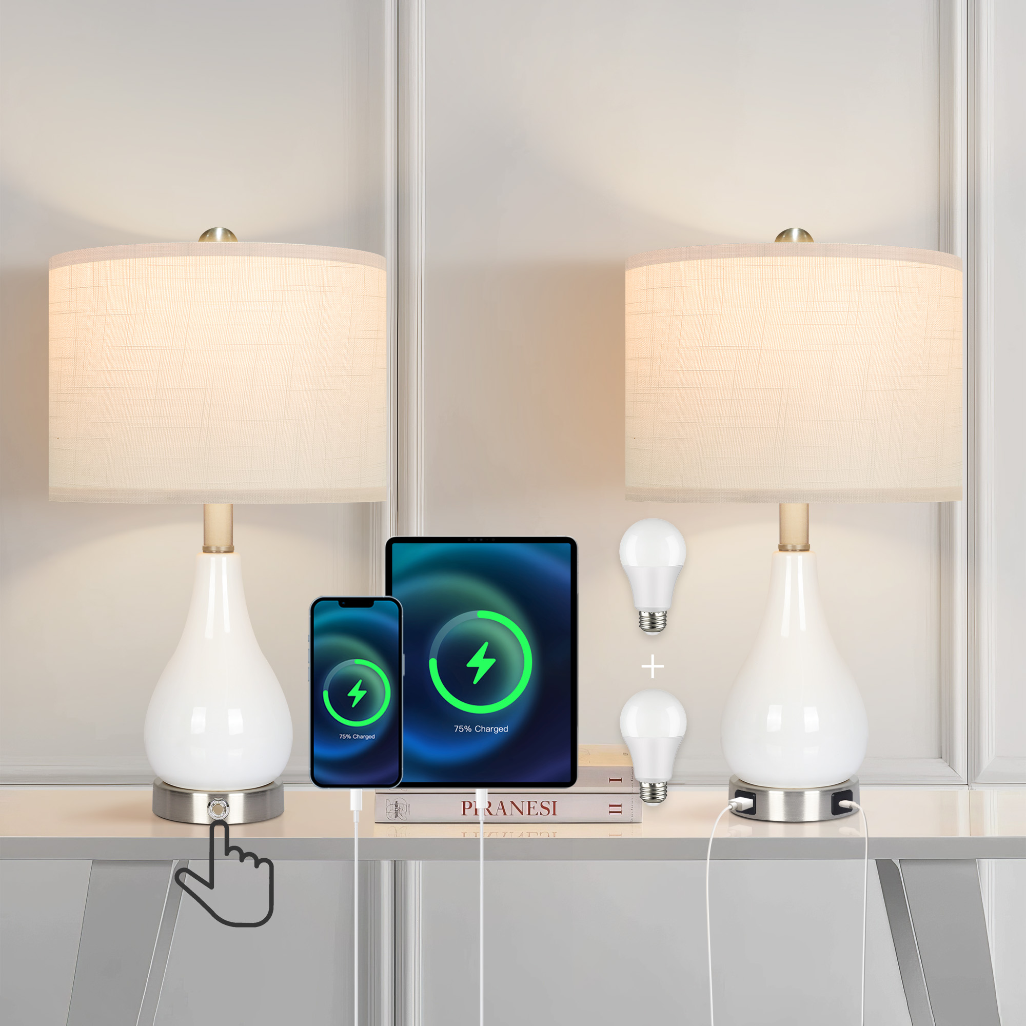 OUTON Table Lamp for Living Room, 3-Way Dimmable Nightstand Lamp Set of 2 with USB C+A Charging Ports for Bedroom, side table, Bulb Included - image 1 of 9