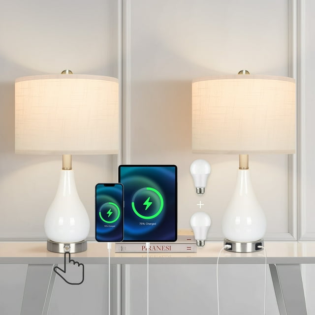 OUTON Table Lamp for Living Room, 3-Way Dimmable Nightstand Lamp Set of 2 with USB C+A Charging Ports for Bedroom, side table, Bulb Included