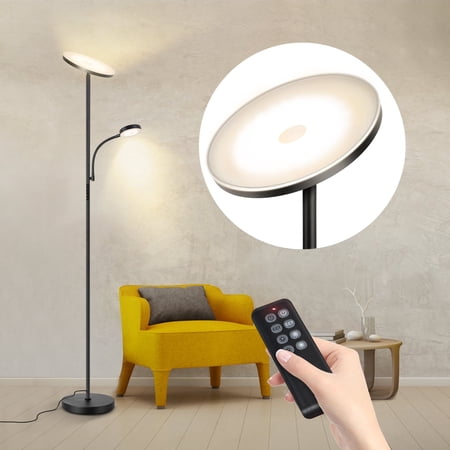 OUTON Torchiere Floor Lamp with Reading Light, Floor Lamps for Living Room,4 Colors Temperature Dimmable Standing Lamps with Remote and Touch Control, Black