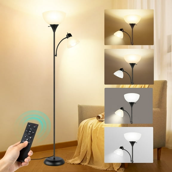 OUTON Torchiere Floor Lamp with Reading Light for Living Room, LED Standing Lamp with Remote Control for Bedroom, Bulbs Included