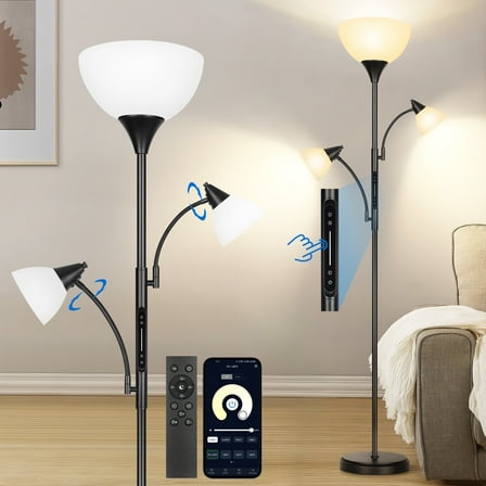 OUTON Torchiere Floor Lamps with 3 Head Adjustable Reading Lights, Morden Tall Lamps for Living Room, Bedroom, Office, Super Bright Standing Lamp with 3 Bulbs