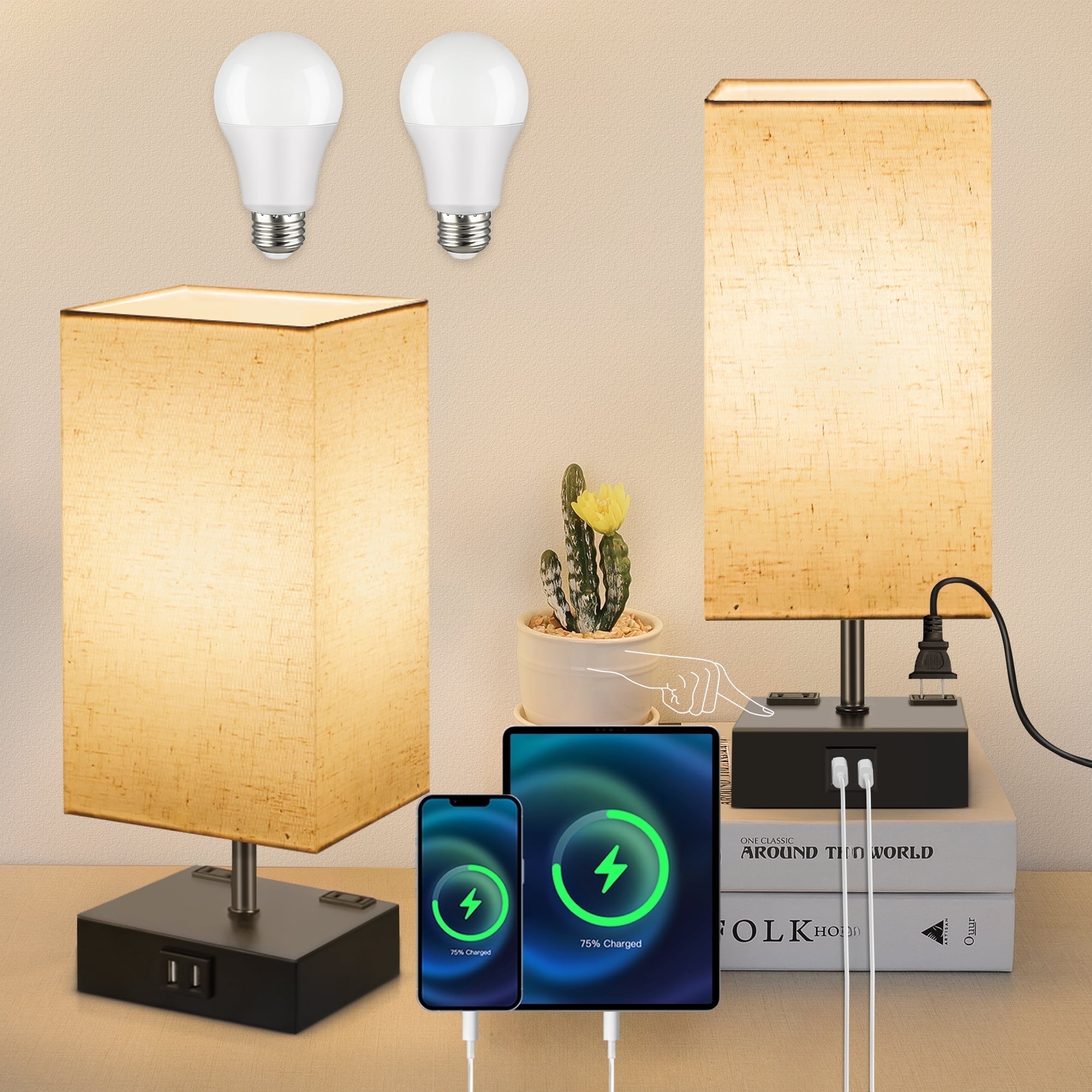 OUTON Touch Control Table Lamp Set of 2 for Living Room, Dimmable Bedside Lamp with USB C+A Ports, Modern Tall Nightstand Lamp for Bedroom,Bulbs Included, Black