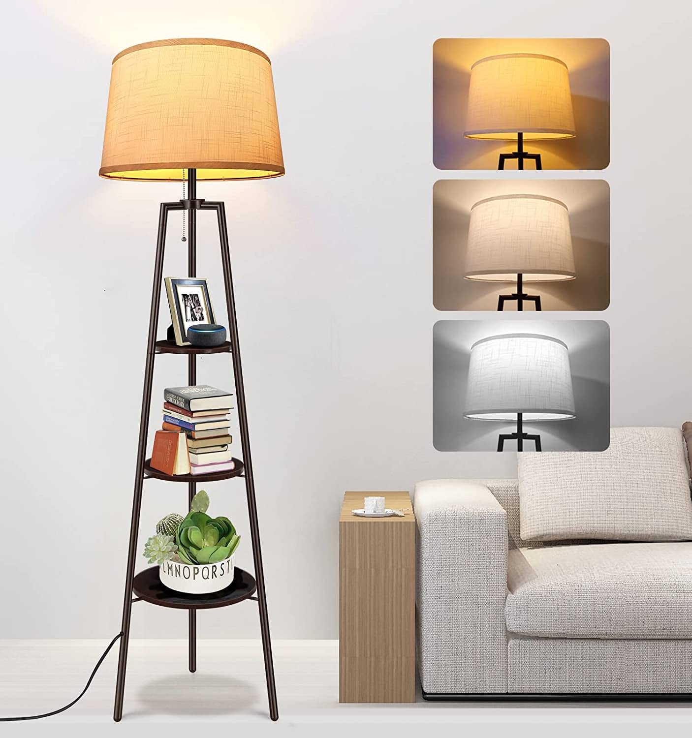 OUTON Tripod Floor Lamp with Shelves, Wood Shelf Floor Lamp with 3