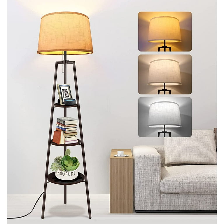 OUTON Tripod Floor Lamp with Shelves Wood Shelf Floor Lamp with 3 Color Temperatures Standing Lamp with Linen Shade for Living Room Bedroom Office