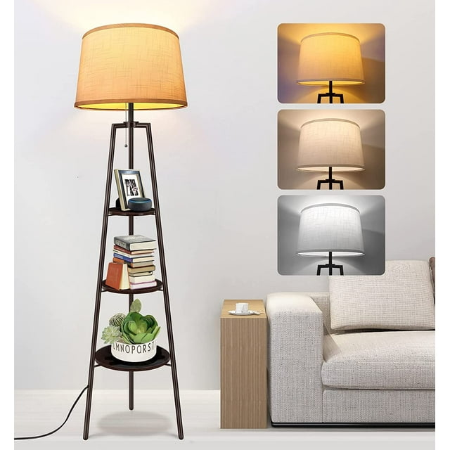 OUTON Tripod Floor Lamp with Shelves, 3 Color Bulbs, Corner Light for