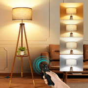 OUTON Wood Tripod Floor Lamp with Shelves, Mid Century Modern Standing Lamp with Remote Control, Dimmable 4 Color Temperatures, LED Bulb Included for Living Room Bedroom Office