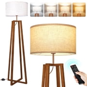 OUTON Wood Tripod Floor Lamp with Shelves, Dimmable Standing Lamps with Remote Control, Modern Shelf Floor Lamp for Living Room, Bedroom, Office, LED Bulbs Included