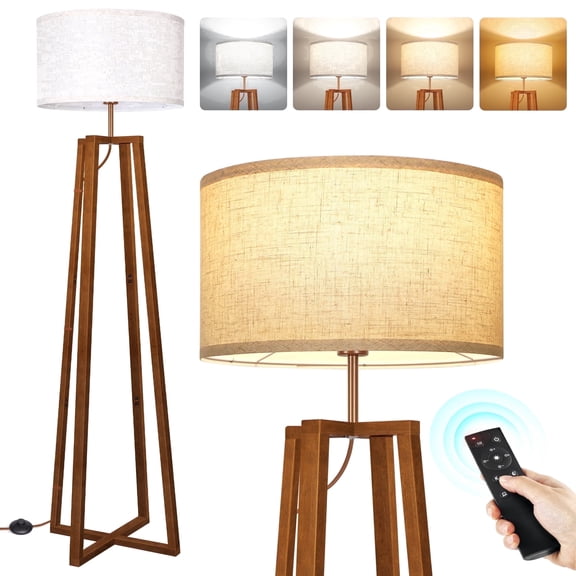 OUTON Wood Tripod Floor Lamp with Shelves, Dimmable Standing Lamps with Remote Control, Modern Shelf Floor Lamp for Living Room, Bedroom, Office, LED Bulbs Included