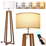 OUTON Wood Tripod Floor Lamp with Shelves, Dimmable Standing Lamps with Remote Control, Modern Shelf Floor Lamp for Living Room, Bedroom, Office, LED Bulbs Included