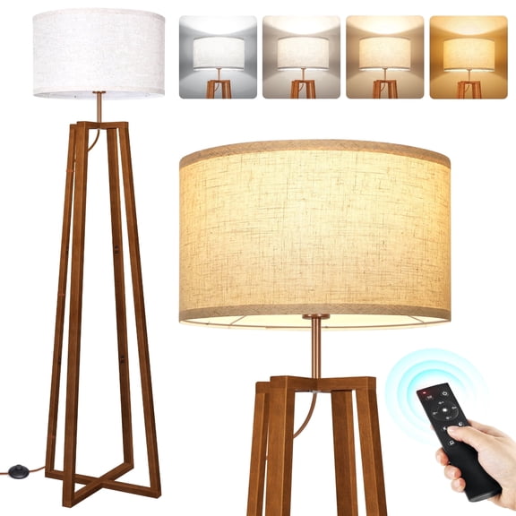 OUTON Wood Tripod Floor Lamp with Shelves, Dimmable Standing Lamps with Remote Control, Modern Shelf Floor Lamp for Living Room, Bedroom, Office, LED Bulbs Included