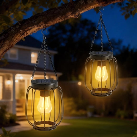 OUTONLIFE 2-Pack Solar Hanging Lanterns Outdoor Metal Waterproof LED Lights with Hook Warm Bright Decorative Lanterns for Yard Garden Patio（Cylinder）