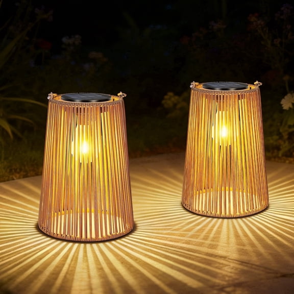 OUTONLIFE Rattan Solar Lanterns, Waterproof Outdoor Decorative Hanging Solar Lights for Walkway Pathway Yard Patio Porch Lawn Trees, 2 Pack