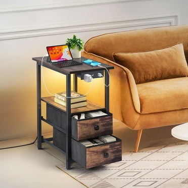 OUTONLIFE 3-Tier End Table with Drawers and Charging Station, Wooden Side Table with Storage Shelf and USB Ports& Power Outlets, Nightstand Sofa Table for Living Room, Bedroom, Office