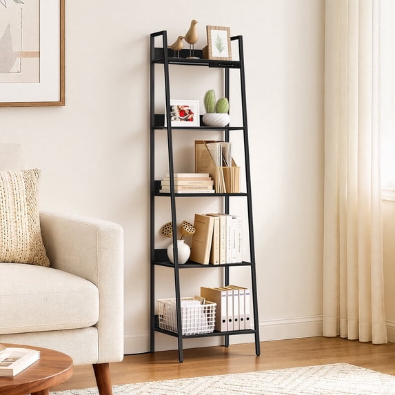 OUTONLIFE 5-Tier Ladder Shelf Bookcase, Leaning Bookshelf ,Storage Display Rack Shelves for Living Room, Bedroom, Home Office, Black