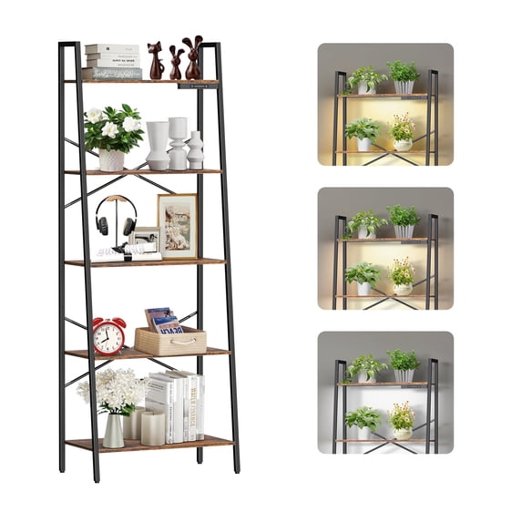 OUTONLIFE 5-Tier LED Ladder Bookshelf - Industrial Wooden Shelves, Retro Storage Rack for Home/Office，Rustic Brown