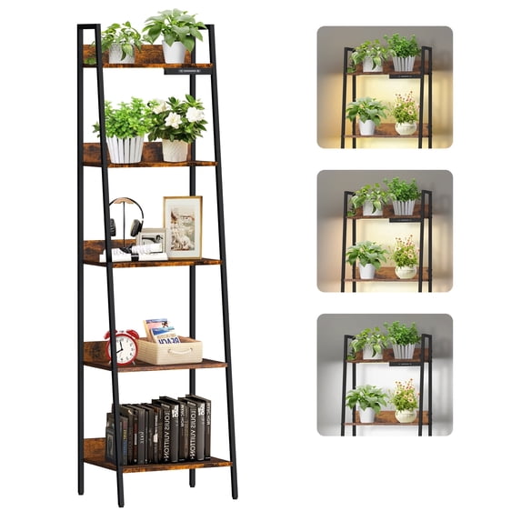 OUTONLIFE 5-Tier Ladder Bookshelf with Wooden Shelves, Rustic Storage Rack with LED Light for Living Room, Office – Rustic Brown