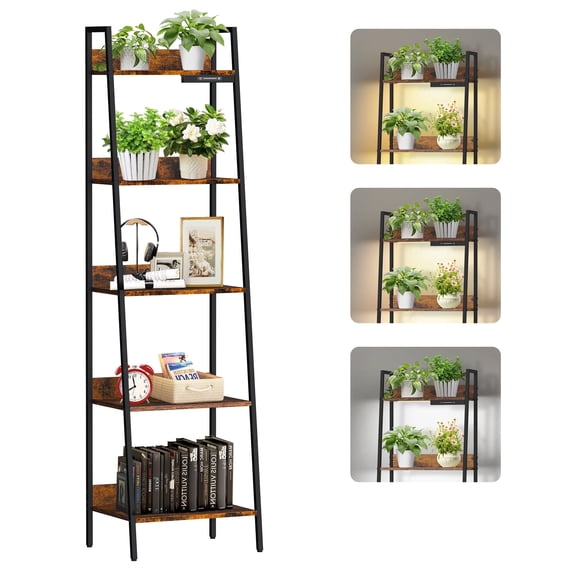 OUTONLIFE 5-Tier Ladder Bookshelf with Wooden Shelves, Rustic Storage Rack with LED Light for Living Room, Office – Rustic Brown