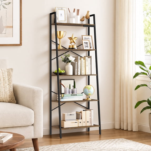 OUTONLIFE 5-Tier Ladder Shelf Bookcase, Leaning Bookshelf ,Storage Display Rack Shelves for Living Room, Bedroom, Home Office, Rustic Brown