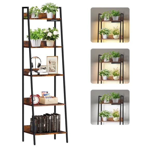OUTONLIFE 5-Tier Ladder Shelf Bookcase, Leaning Bookshelf ,Storage Display Rack Shelves for Living Room, Bedroom, Home Office, Rustic Brown