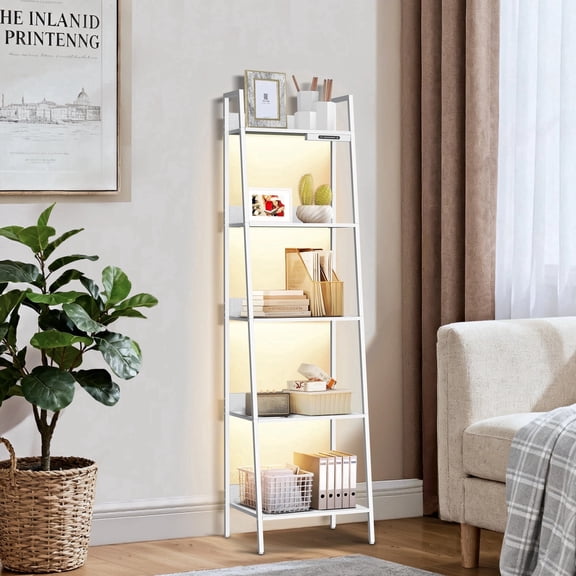 OUTONLIFE 5-Tier Ladder Shelf Bookcase, Leaning Bookshelf ,Storage Display Rack Shelves for Living Room, Bedroom, Home Office, White