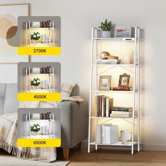 OUTONLIFE 5-Tier LED Ladder Shelf - Narrow Tall Corner Bookshelf, Display Storage Rack for Living Room/Bedroom（White）