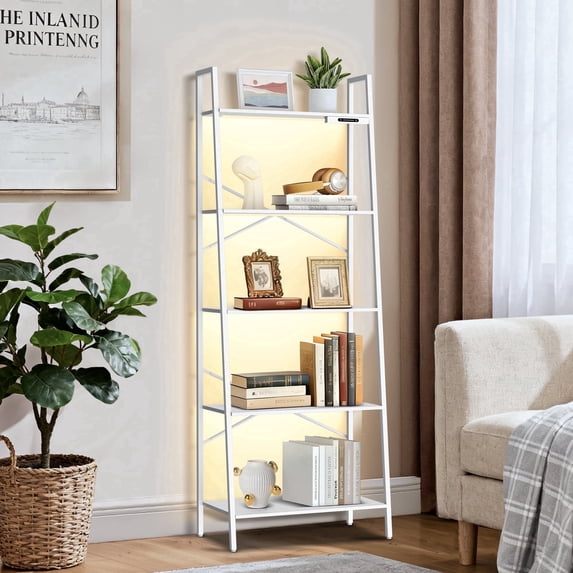 OUTONLIFE 5-Tier Ladder Shelf Bookcase, Leaning Bookshelf ,Storage Display Rack Shelves for Living Room, Bedroom, Home Office, White