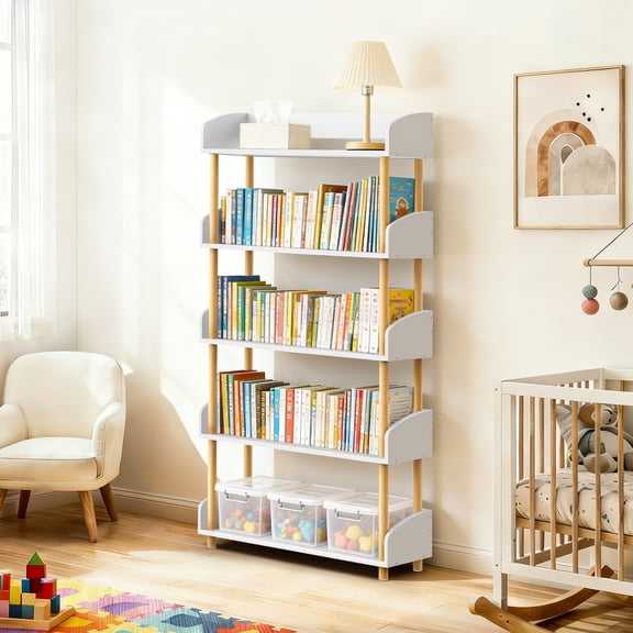 OUTONLIFE 5-Tier Wooden Open Bookcase - Modern Display Bookshelf with Top Edge and Solid Wood Frame for Home and Office, Storage Cabinet, Warm White