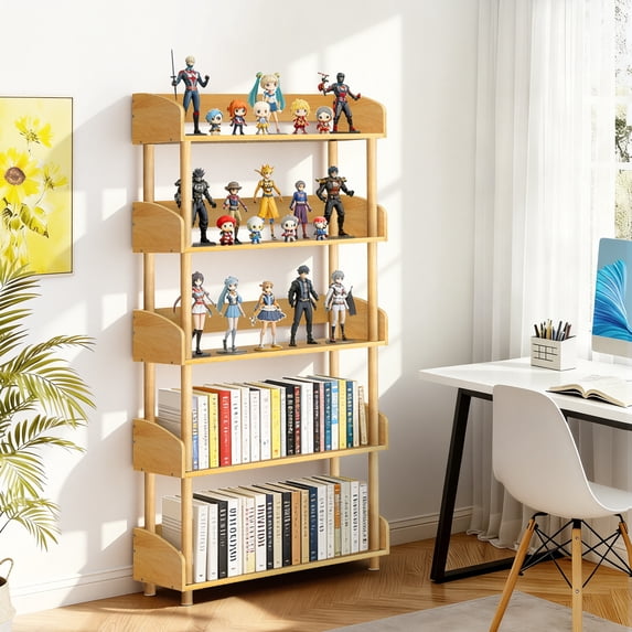 OUTONLIFE 5-Tier Wooden Open Bookcase - Modern Display Bookshelf with Top Edge and Solid Wood Frame for Home and Office, Storage Cabinet, Wood Color