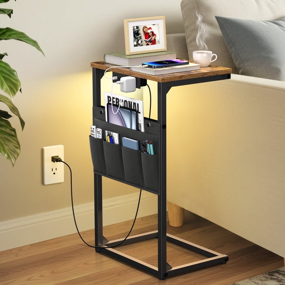 OUTONLIFE C Shaped Sofa Side Table with Charging Station, Small Slim End Table with Storage Bag, Couch Arm Table for Living Room, Black