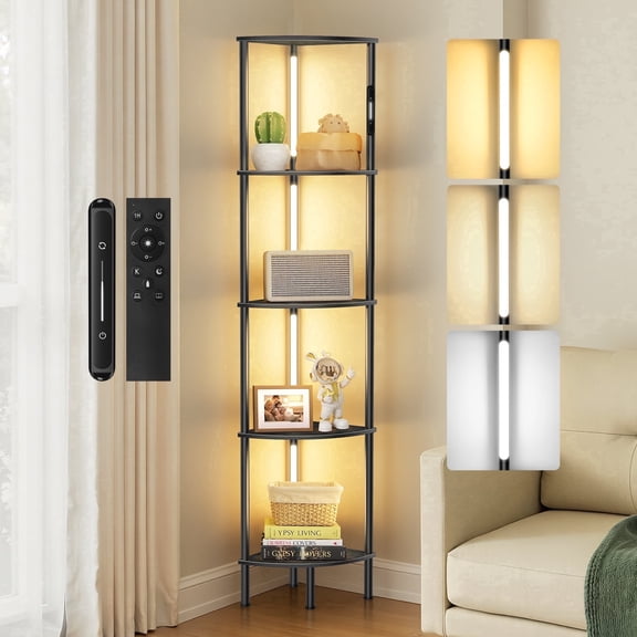 OUTONLIFE Corner Floor Lamps with Shelves, 5-Tier Corner Bookshelf with 360° Rotatable Pole, Narrow Display Shelf Stand for Living Room Bedroom Home Office-Black
