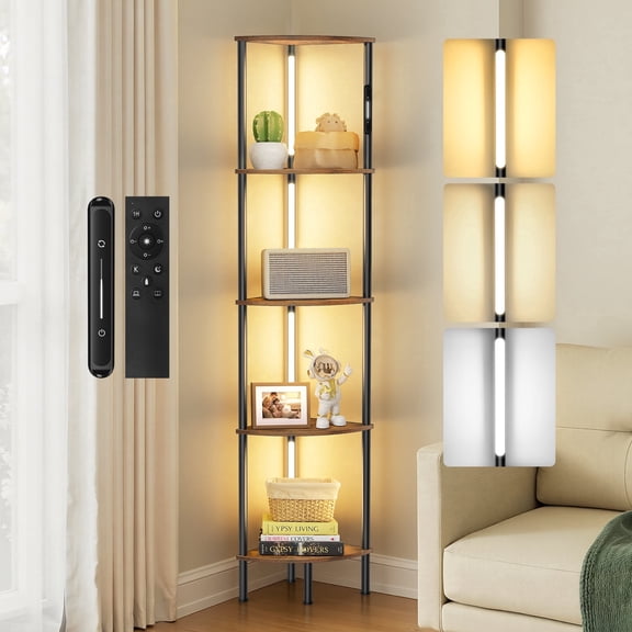 OUTONLIFE Corner Floor Lamps with Shelves, 5-Tier Corner Bookshelf with Integrated LED Posts, Narrow Display Shelf Stand for Living Room Bedroom Home Office-Brown