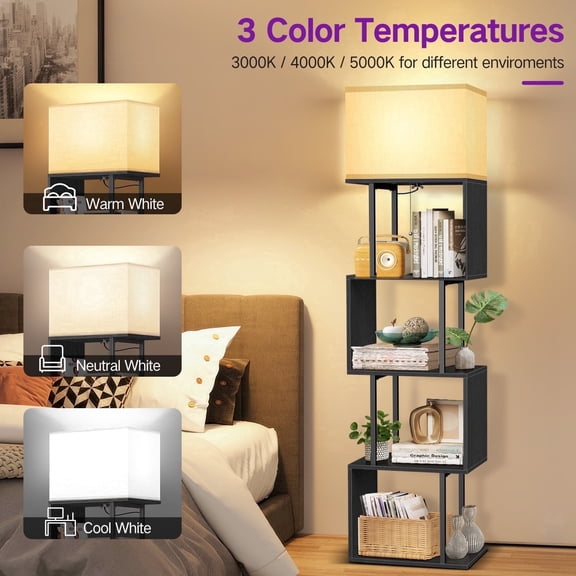 OUTONLIFE Dimmable Floor Lamp with Remote, 4-Tier S Shape Floor Standing Book Shelf Lamp, 3 Color Temp LED for Living Room Bedroom, Office, Black