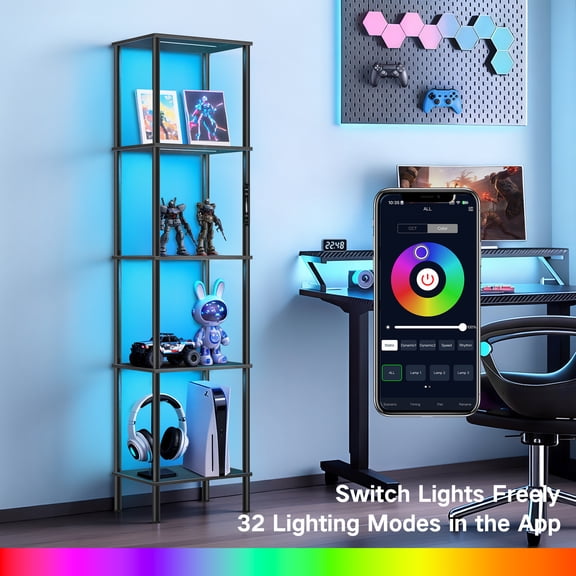 OUTONLIFE 5-Tier Bookshelf, Tall Narrow Bookcase with LED Lights, Display Storage Shelf for Living Room, Bedroom, Home Office, Study, Balcony, Brown