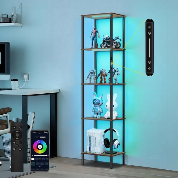 OUTONLIFE 5-Tier Display Cabinet with LED Lights, Gaming shelf Curio Cabinet with RGB ,Open Storage Shelf for Collectibles, Figures, Gaming Room & Living Room,Brown