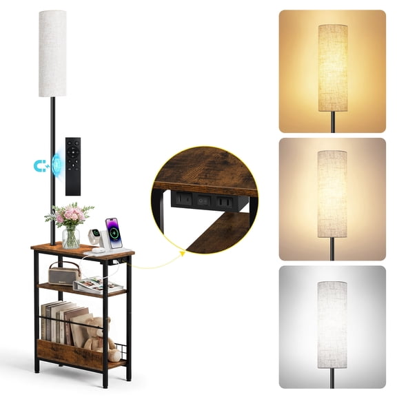 OUTONLIFE Floor Lamp with Table, End Table for Living Room with Lamp, Shelves Side Tablewith Charging Station(USB & Type-C & AC Port), 3 Color Temperatures LED Bulb