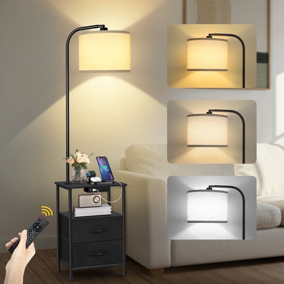 OUTONLIFE Floor Lamp with Table for Living Room, End Table with 2 Drawers for Bedroom, Lamp with USB Port and Outlet, 3 Color Led Bulb Included, Black