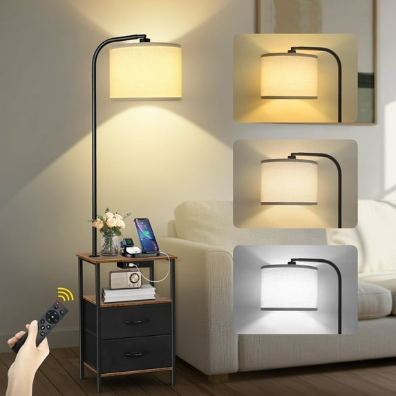 OUTONLIFE Floor Lamp with Table for Living Room, End Table with 2 Drawers for Bedroom, Lamp with USB Port and Outlet, 3 Color Led Bulb Included, Brown