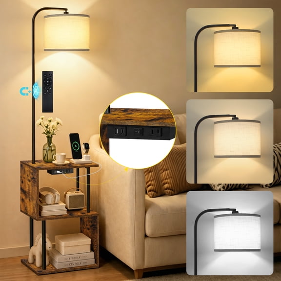 OUTONLIFE Floor Lamp with Table, Narrow Side Table with USB-A/USB-C Charging Station and AC Port, 3 Color Temperatures 12W LED Bulb, End Table for Bedroom, Living Room and Home Office