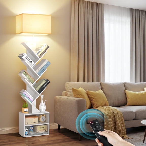 OUTONLIFE Floor Lamp with Remote,Tree Bookshelf with Light, 6-Tier Coner Bookcase with Drawer for Living Room Bedroom, Office, White