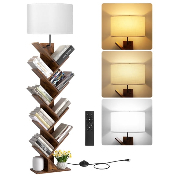 OUTONLIFE Floor Lamp with Remote,Tree Bookshelf with Light, 9-Tier Floor Standing Bookcase for Living Room Bedroom, Office, Round Brown
