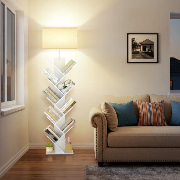 OUTONLIFE Floor Lamp with Shelves,Tree Bookcase with Light, 9-Tier Floor Standing Bookcase for Living Room Bedroom, Office, White