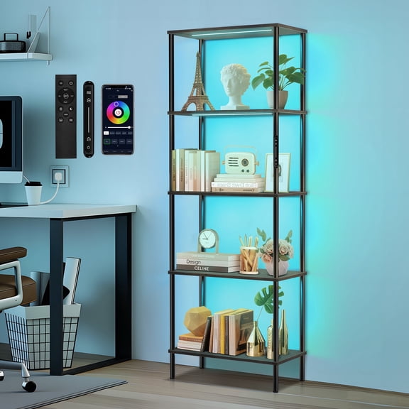 OUTONLIFE Large 5 Tier Display Shelf with Dimmable LED Floor Lamp, Display Cabinet with Remote/APP Control, Open Display Bookshelf , Color Temperature Control, Black