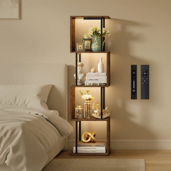 OUTONLIFE 5-Tier Black Bookshelf with LED Light, Modern Geometric Bookcase, Touch & Remote Control, Dimmable Wooden S-Shelf Storage Display shelves for Living Room, Bedroom, Office，Rustic Brown