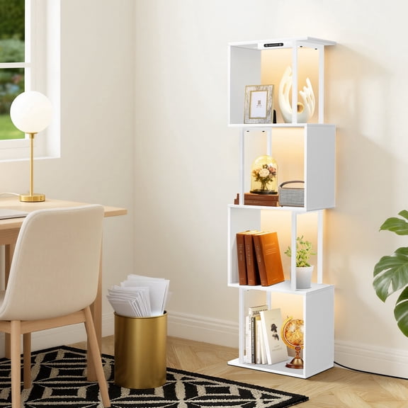 OUTONLIFE Geometric Bookcase Wooden Wood Metal S Shape Storage Display Unit Bookcase Bookshelf 5-tier Storage, 54" H x 15" W, White