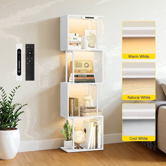 4-Tier S-Shaped Bookcase, Geometric Bookshelf, Wooden Storage Display Shelf for Living Room, Bedroom and Home Office,White